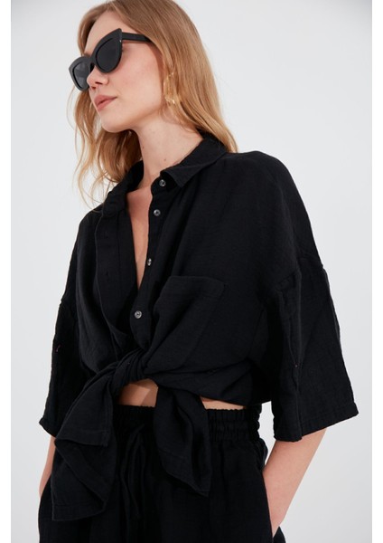 Siyah Müslin Kadın Oversize Gömlek | EK1006965-6965 fırsatları
