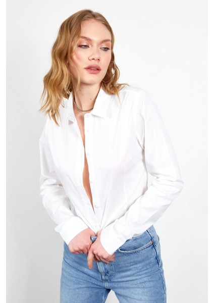 Beyaz Poplin Kadın Gömlek| EDI100166847-6847
