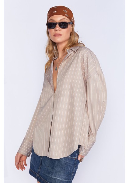 Taş Kadın Çizgili Oversize Gömlek| EK1007430-7430