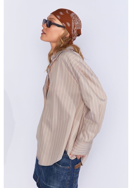 Taş Kadın Çizgili Oversize Gömlek| EK1007430-7430