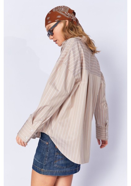 Taş Kadın Çizgili Oversize Gömlek| EK1007430-7430