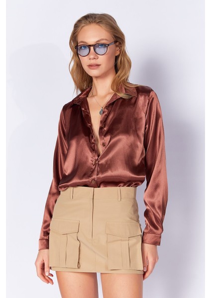 Kahve Hafif Dökümlü Saten Kadın Gömlek| EDI100168937-8937