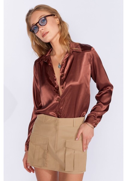 Kahve Hafif Dökümlü Saten Kadın Gömlek| EDI100168937-8937 modelleri