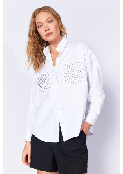 Beyaz Cebi Taş Detaylı Oversize Kadın Poplin Gömlek| EK1000168772 fiyatları