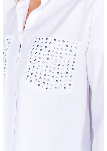 Beyaz Cebi Taş Detaylı Oversize Kadın Poplin Gömlek| EK1000168772 fırsatları