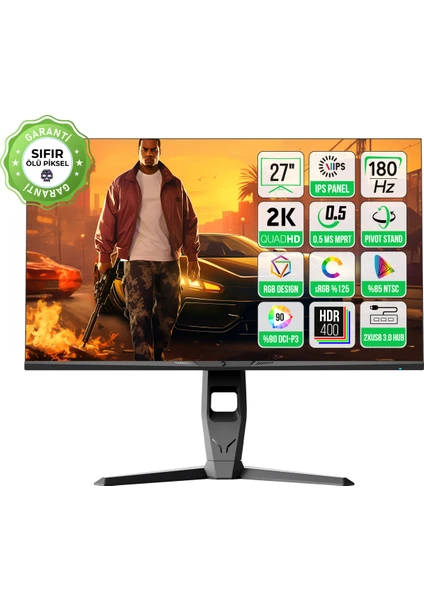 GamePower Royal T20 27″ RGB 180Hz 0.5Ms 2K QHD Flat IPS Pivot 2xUsb 3.0 HDR400 FreeSync, Gsync Gaming Monitör (Sıfır Ölü Piksel Garantili)