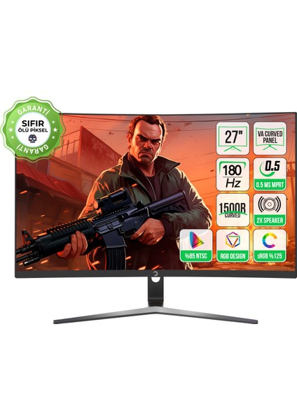 GamePower Vivid T50 27'' Curved RGB 180Hz 0.5ms FHD 1500R Curved 2x2W Speaker VA Gaming Monitör (Sıfır Ölü Piksel Garantili)