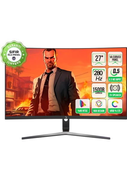 GamePower 27'' Vivid V80 VA Panel Curved RGB 280Hz 0.5ms FHD 2x2W Speaker Gaming Monitör (Sıfır Ölü Piksel Garantili)