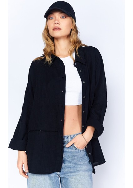 Siyah Müslin Uzun Yıkamalı Oversize Rahat Kalıp Parçalı Kadın Düz Basic Gömlek| EDI100166905-6905