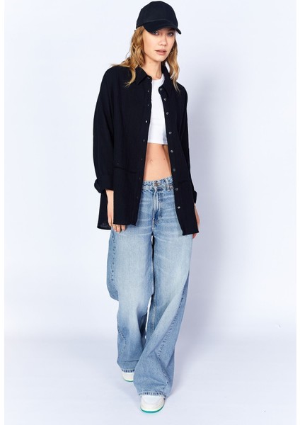 Siyah Müslin Uzun Yıkamalı Oversize Rahat Kalıp Parçalı Kadın Düz Basic Gömlek| EDI100166905-6905 fiyatları