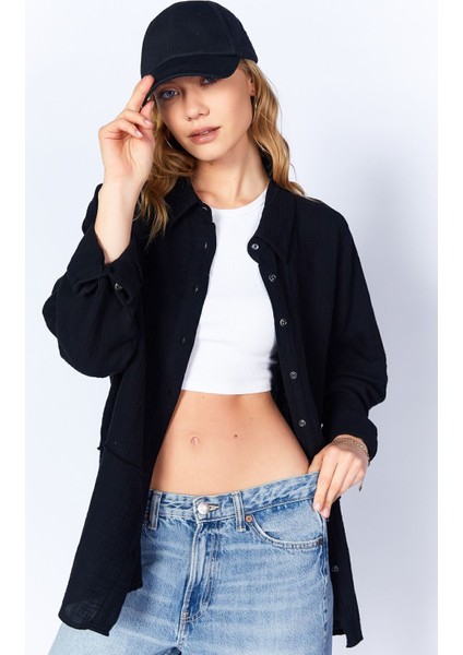 Siyah Müslin Uzun Yıkamalı Oversize Rahat Kalıp Parçalı Kadın Düz Basic Gömlek| EDI100166905-6905 modelleri