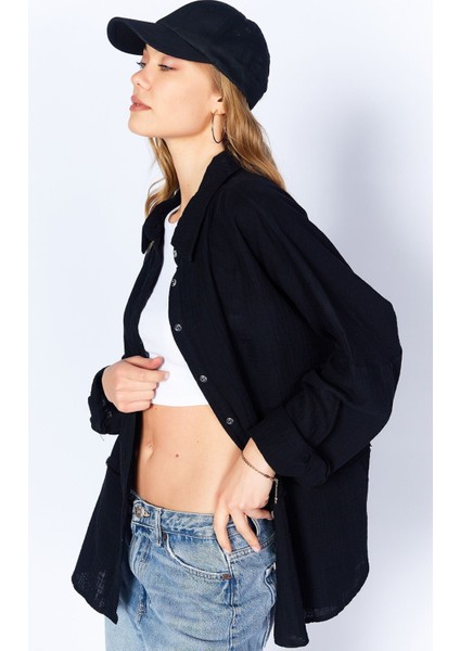 Siyah Müslin Uzun Yıkamalı Oversize Rahat Kalıp Parçalı Kadın Düz Basic Gömlek| EDI100166905-6905 fırsatları