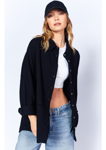 Siyah Müslin Uzun Yıkamalı Oversize Rahat Kalıp Parçalı Kadın Düz Basic Gömlek| EDI100166905-6905 indirimleri