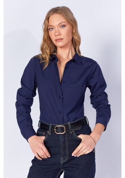 Lacivert Likralı Pamuk Kadın Gömlek| EDI100166847-6847