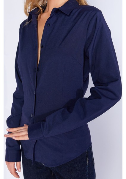Lacivert Likralı Pamuk Kadın Gömlek| EDI100166847-6847 fırsatları