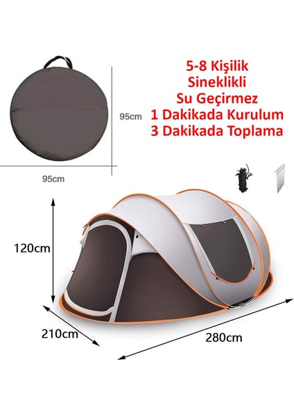 5-8 Kişilik Hızlı Kurulum Otomatik Kamp Çadırı Sineklikli Su Geçirmez 280X210X120CM 4 Mevsim