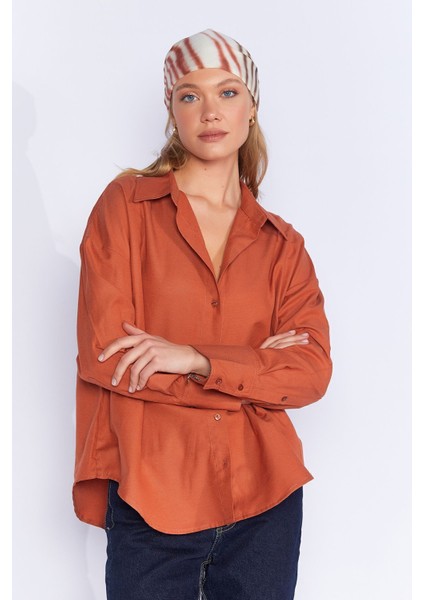 Kiremit Oxford Pamuklu Uzun Oversize Rahat Kesim Gömlek EK1000167422-7472
