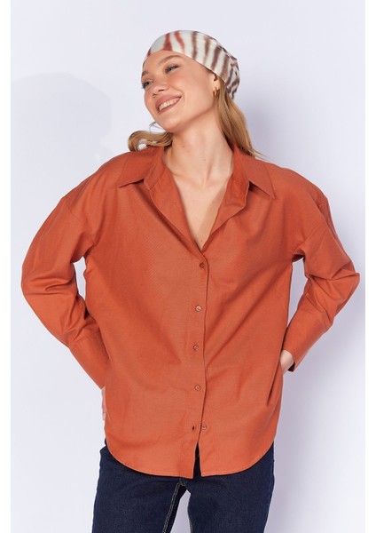 Kiremit Oxford Pamuklu Uzun Oversize Rahat Kesim Gömlek EK1000167422-7472 modelleri