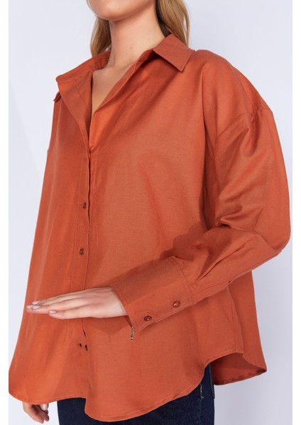 Kiremit Oxford Pamuklu Uzun Oversize Rahat Kesim Gömlek EK1000167422-7472 fırsatları