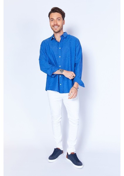 Saks Keten Karışımlı Pamuk Rahat Kesim Uzun Kol Gömlek EE100128040-8040