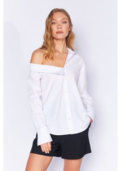 Beyaz Asimetrik Poplin Likralı Gömlek| EK1000169256-9256