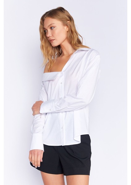 Beyaz Asimetrik Poplin Likralı Gömlek| EK1000169256-9256 modelleri