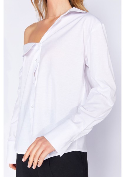 Beyaz Asimetrik Poplin Likralı Gömlek| EK1000169256-9256 fırsatları