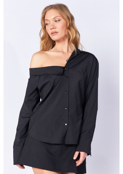 Siyah Asimetrik Poplin Likralı Gömlek| EK1000169256-9256 modelleri