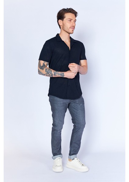 Siyah Triko Dokulu Krose Apaş Yaka Kısa Kol Erkek Gömlek | EE100118927-8927 modelleri