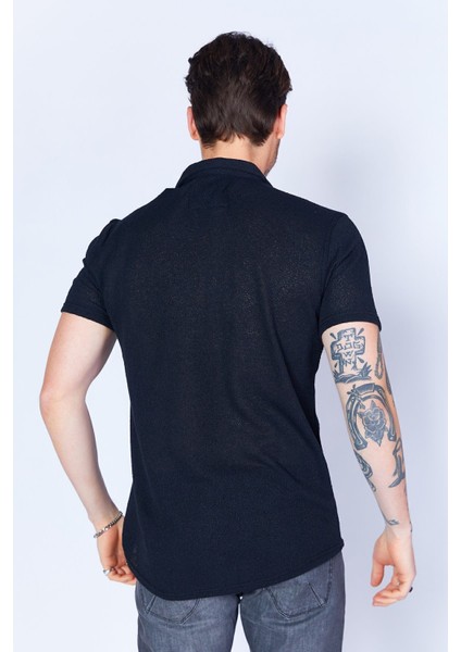 Siyah Triko Dokulu Krose Apaş Yaka Kısa Kol Erkek Gömlek | EE100118927-8927 indirimleri