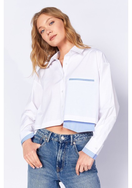 Beyaz Cep ve Manşet Detaylı Crop Çizgili Gömlek| EK1000169146-9146