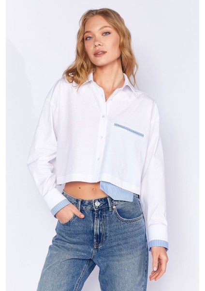 Beyaz Cep ve Manşet Detaylı Crop Çizgili Gömlek| EK1000169146-9146 fiyatları