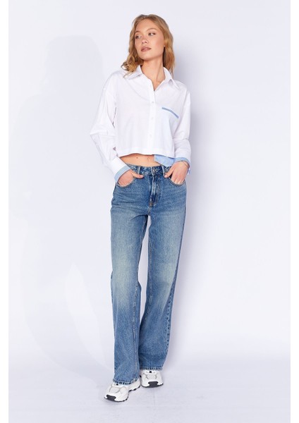 Beyaz Cep ve Manşet Detaylı Crop Çizgili Gömlek| EK1000169146-9146 modelleri