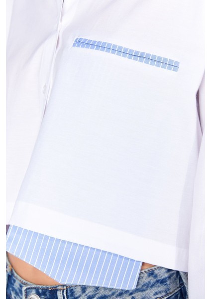 Beyaz Cep ve Manşet Detaylı Crop Çizgili Gömlek| EK1000169146-9146 fırsatları