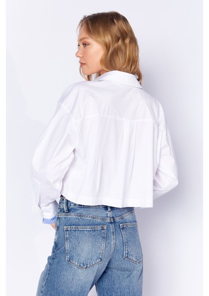 Beyaz Cep ve Manşet Detaylı Crop Çizgili Gömlek| EK1000169146-9146 indirimleri