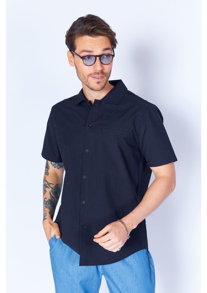 Siyah Pamuk Kırışık Katlı Yaka Kısa Kol Gömlek EE100129280-9280