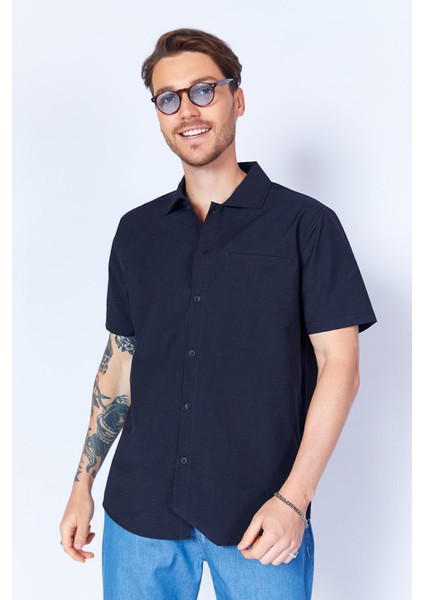 Siyah Pamuk Kırışık Katlı Yaka Kısa Kol Gömlek EE100129280-9280 fiyatları