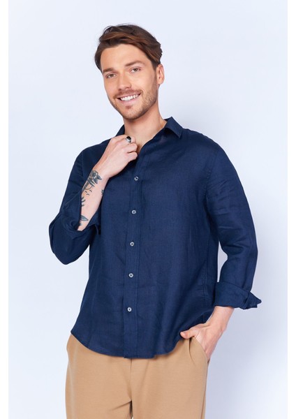 Lacivert Saf Keten Kumaş Regular Kalıp Rahat Dökümlü Uzun Kol Gömlek