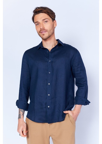 Lacivert Saf Keten Kumaş Regular Kalıp Rahat Dökümlü Uzun Kol Gömlek fiyatları