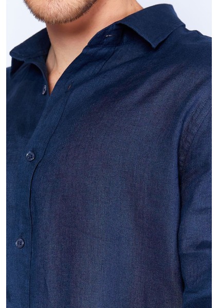 Lacivert Saf Keten Kumaş Regular Kalıp Rahat Dökümlü Uzun Kol Gömlek fırsatları