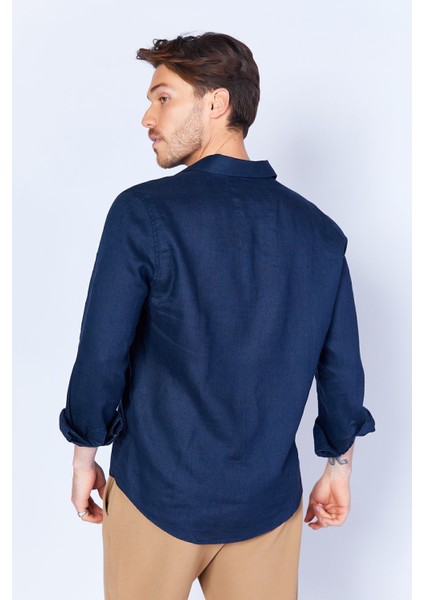 Lacivert Saf Keten Kumaş Regular Kalıp Rahat Dökümlü Uzun Kol Gömlek indirimleri