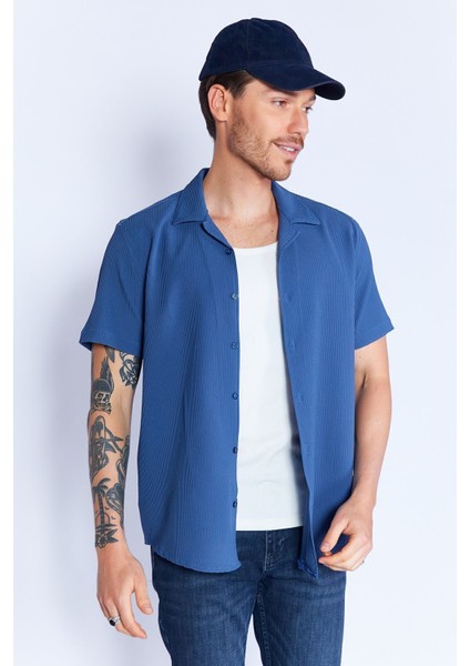 Indigo Ottoman Dokulu Esnek Apaş Yaka Kısa Kol Erkek Gömlek | EE100117839-7839 fiyatları