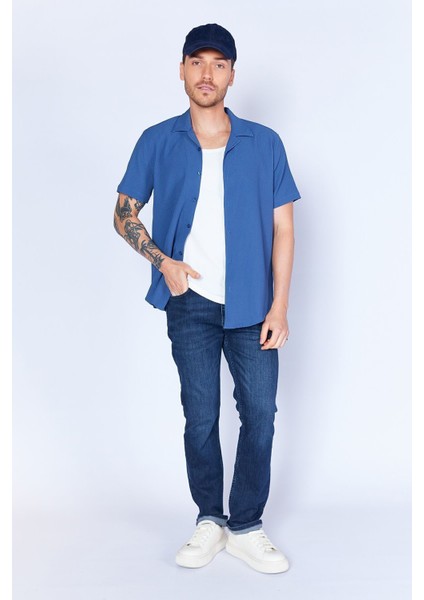 Indigo Ottoman Dokulu Esnek Apaş Yaka Kısa Kol Erkek Gömlek | EE100117839-7839 modelleri