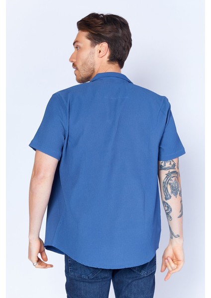 Indigo Ottoman Dokulu Esnek Apaş Yaka Kısa Kol Erkek Gömlek | EE100117839-7839 indirimleri
