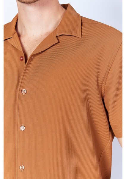 Kahve Ottoman Dokulu Esnek Apaş Yaka Kısa Kol Erkek Gömlek | EE100117839-7839 fırsatları