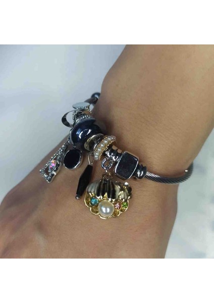 Siyah Istiridye Charmlı Çelik Pandora Model Bileklik fiyatları