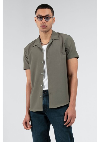 Haki Erkek Slim Fit Apaş Yaka Yazlık Gömlek| EE1007927-7927