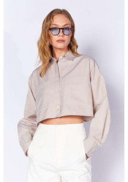 Taş Bağlama Detaylı Çift Cepli Çizgili Gömlek| EK1000169147-9147