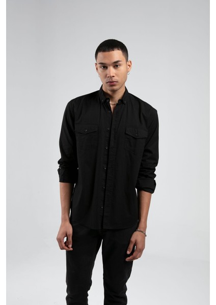 Siyah Erkek Çift Cep Kapaklı Slim Fit Gömlek| EE1008783-8783 modelleri