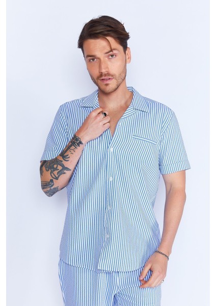 Saks Gofre Çizgili Cep Detaylı Kısa Kol Apaş Yaka Erkek Gömlek EE100114629-4629